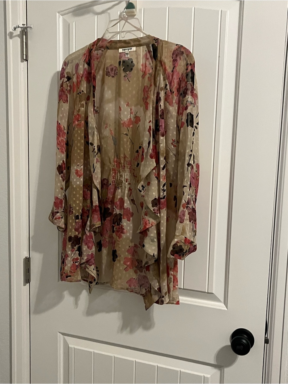 Daniel Rainn Taupe Sheer Floral Kimono with Pink and Black Blooms